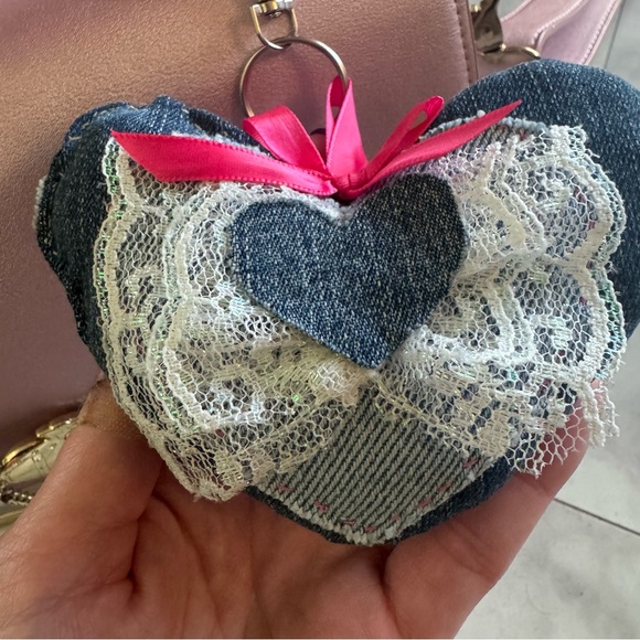 Handmade Denim Heart Charm with Lace and Pink Ribbon - Picture 4 of 9